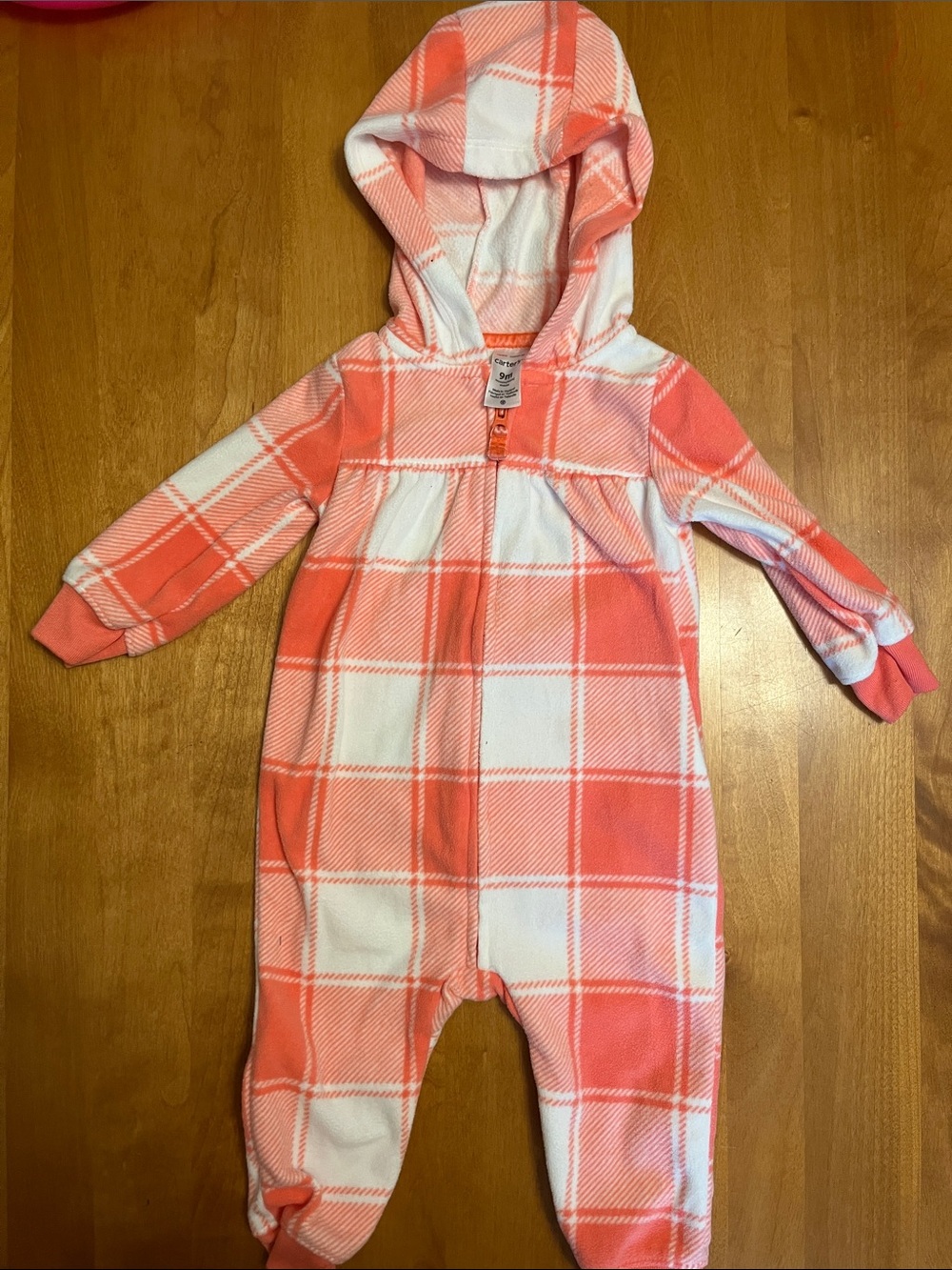 Coral Plaid Hooded Fleece One-Piece for Kids